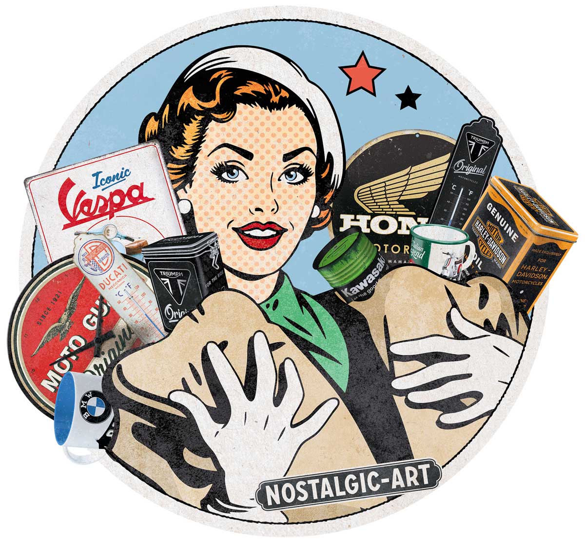 Retro Pop-Art Illustration mit Motorrad Fanartikeln und Biker Geschenkideen großer Wirkung