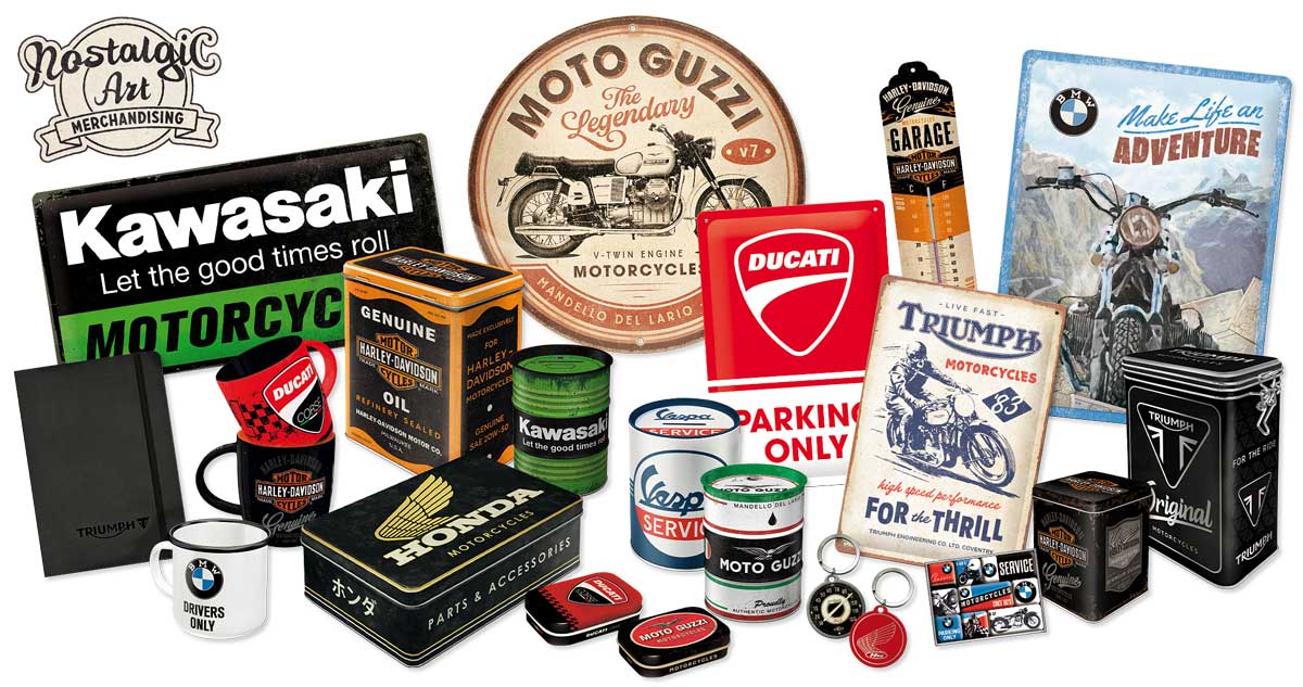 Retro Motorrad Geschenkideen mit Blechschildern, Dosen, Tassen und vielen weiteren Artikeln